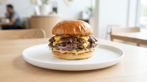 A signature Mahalle Burger served in a bright editorial setting